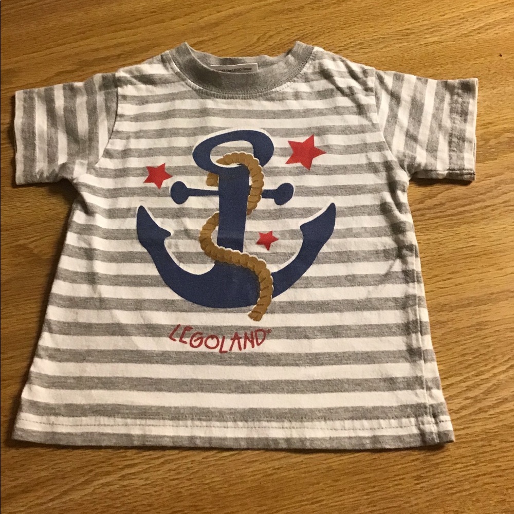 Lego lane shirt gray striped with blue anchor. Size 2T red blue and gray
